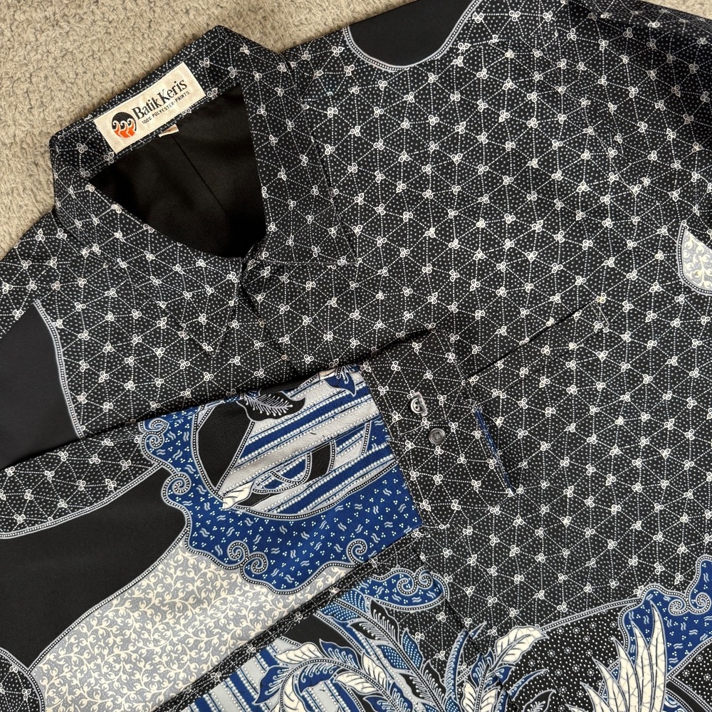 Vintage Batik Keris Shirt Mens L / 17 Blue Black‎ Print Silky Blouse Boho Lagan